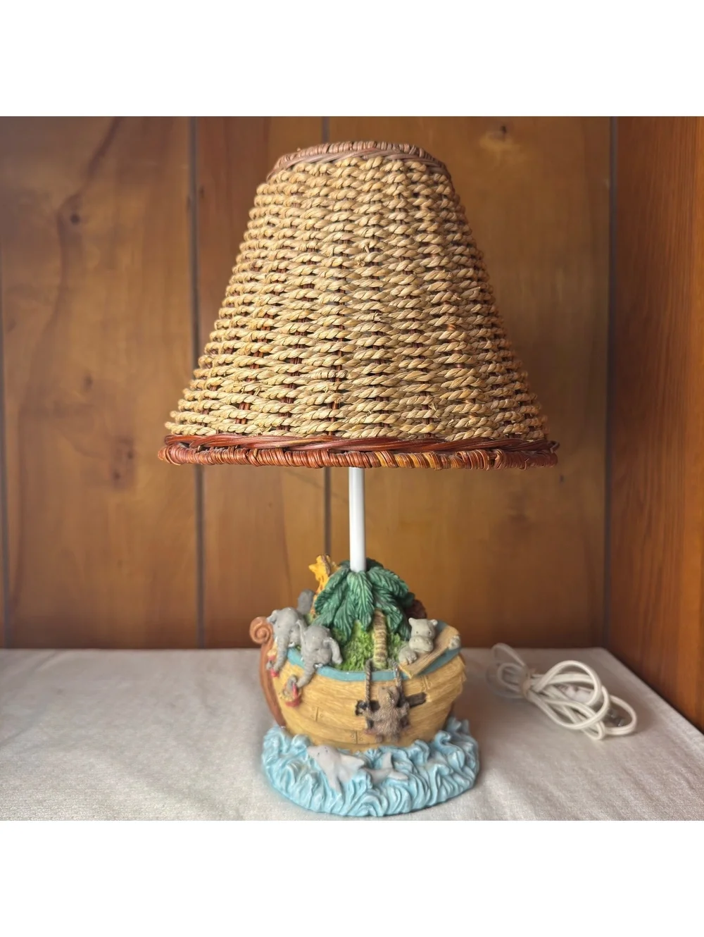 Vintage Noah’s Ark Animal Table Lamp With Woven Shade 14 Inch Nursery Decor